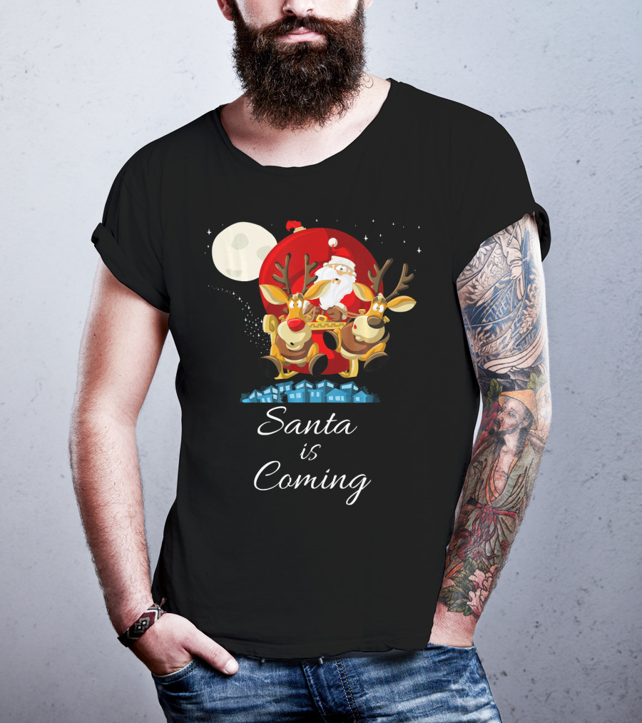 Santa Is Coming With Reindeer Sleigh Under The Moonlight T-Shirt