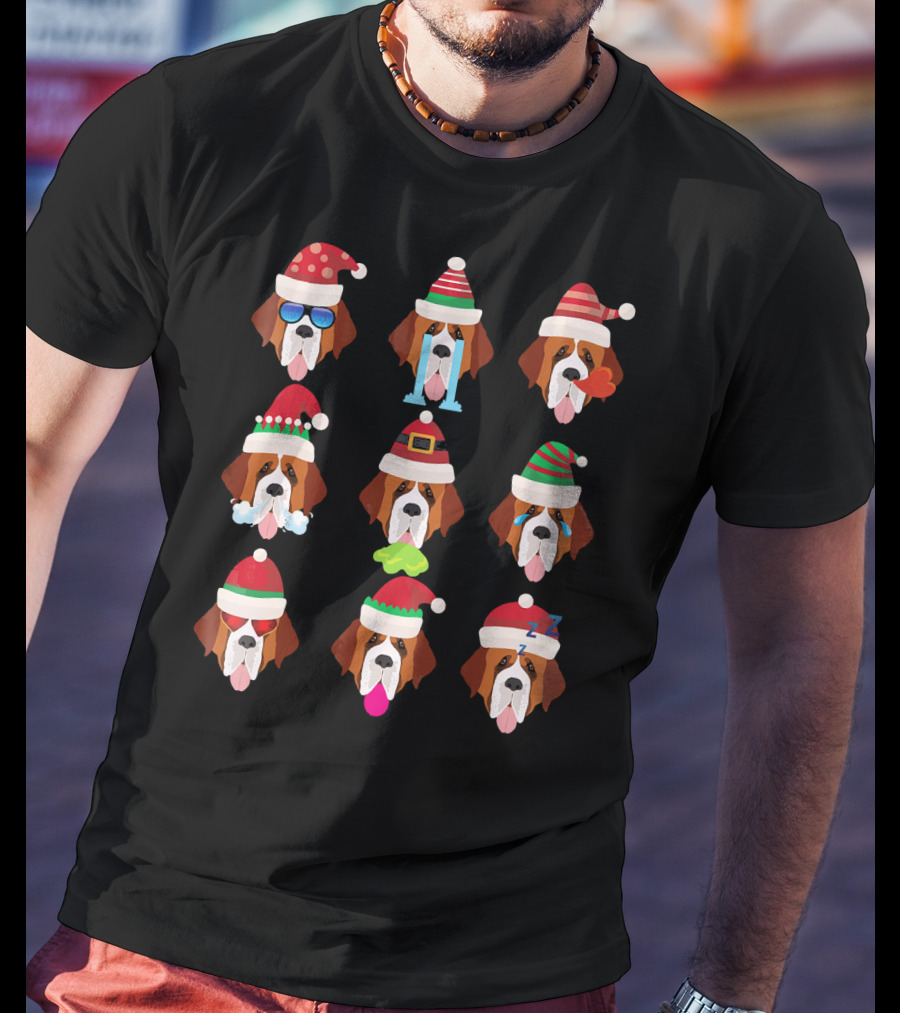 SAINT BERNARD Dog Faces Santa Hat Christmas Expressions T-Shirt