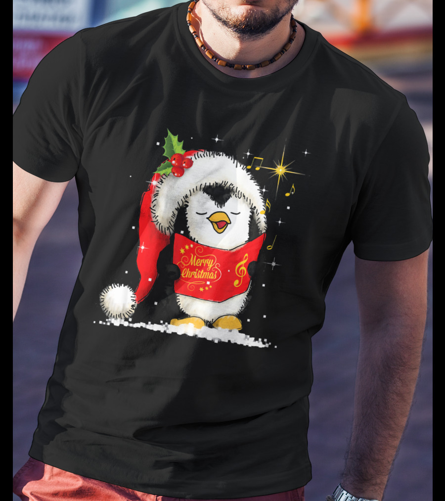 Tee89s Penguin Merry Christmas Song With Santa Hat And Music Notes T-Shirt