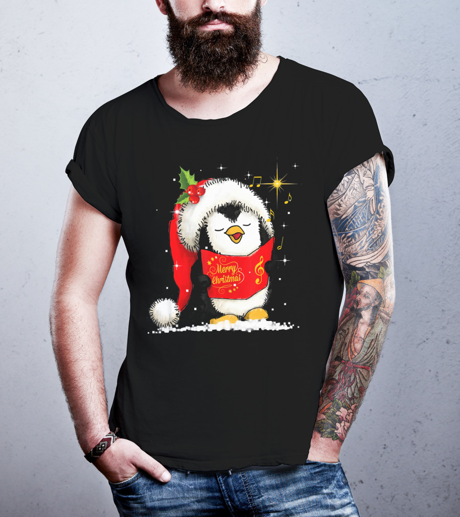 Tee89s Penguin Merry Christmas Song With Santa Hat And Music Notes T-Shirt