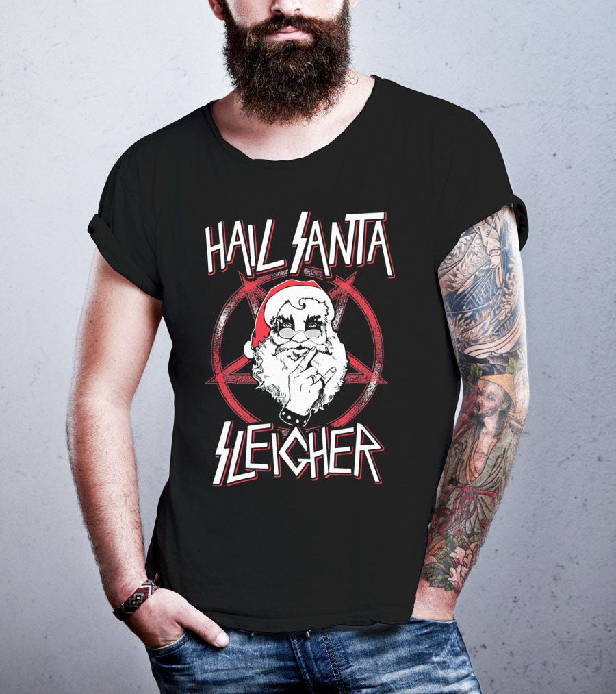 Hail Santa Sleigher Funny Christmas Santa Rock Metal Holiday T-Shirt