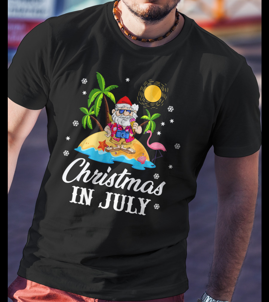 Christmas In July Flamingo Santa On Tropical Island With Palm Trees And Sun T-Shirt