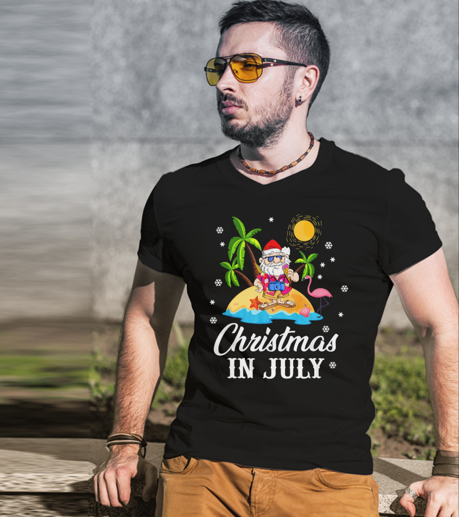 Christmas In July Flamingo Santa On Tropical Island With Palm Trees And Sun T-Shirt