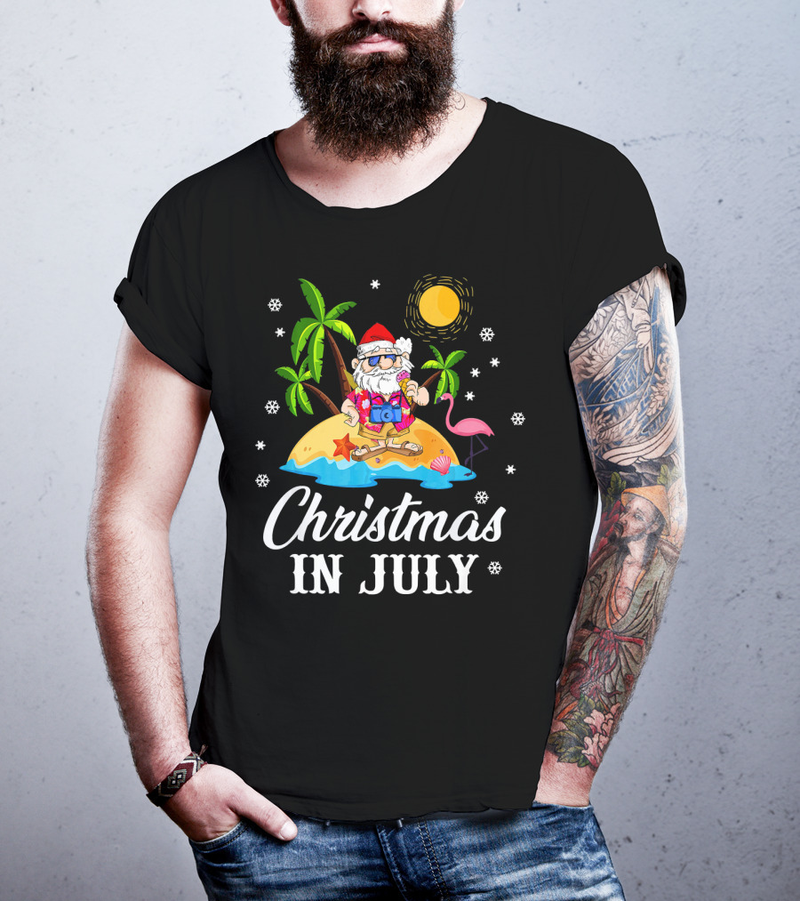 Christmas In July Flamingo Santa On Tropical Island With Palm Trees And Sun T-Shirt