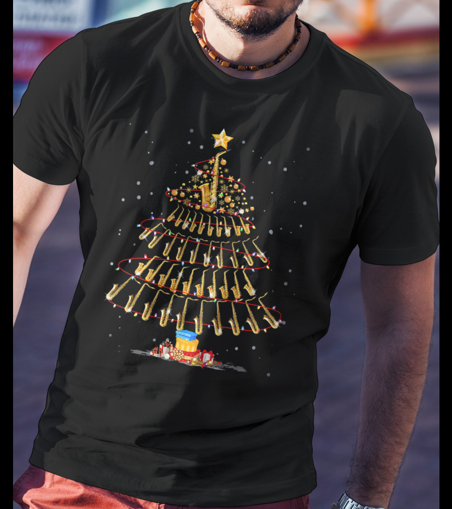 Merry Christmas Saxophone Tree Hat In Snow Scene T-Shirt