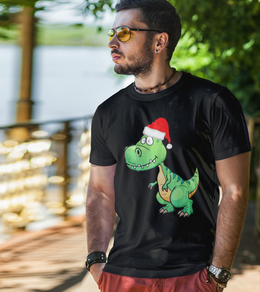Santa Dinosaur Christmas T-Rex With Santa Hat T-Shirt