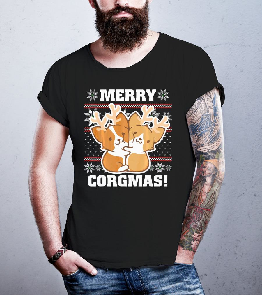 Merry Corgmas Ugly Christmas Sweater With Cute Corgis And Reindeer Antlers T-Shirt