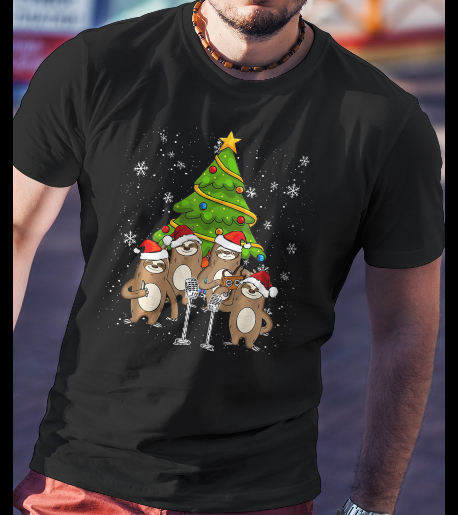 Santa Sloths Singing Festive Cheer Around Christmas Tree T-Shirt
