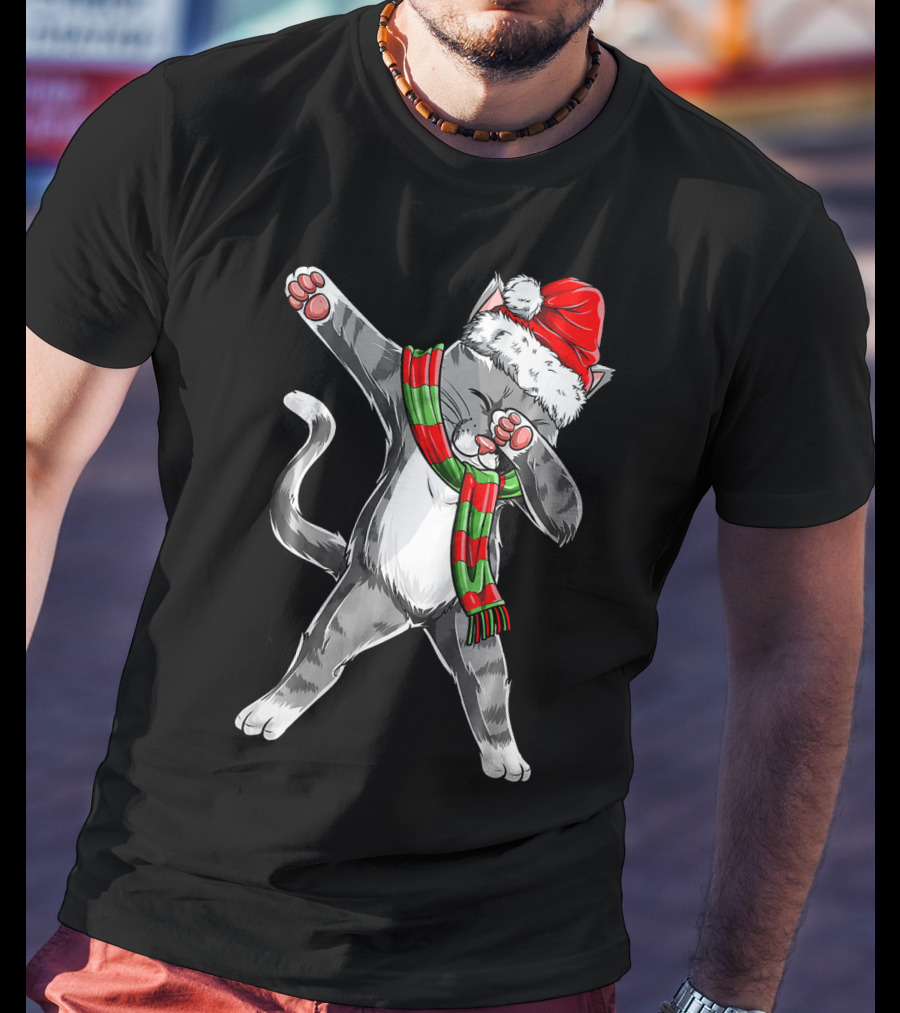 Dabbing Cat Santa Christmas Kids Bo Kitty Santa Hat Green Red Scarf T-Shirt