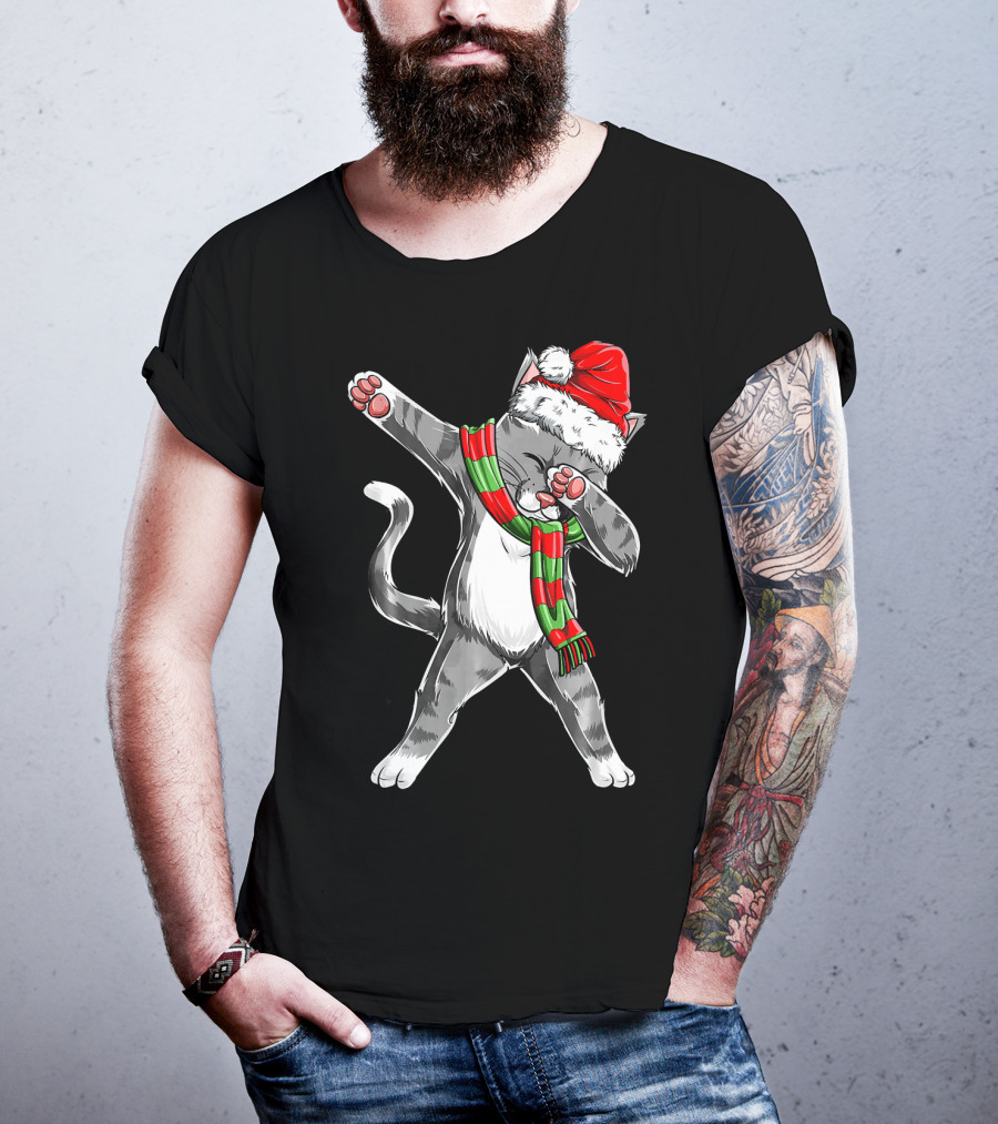 Dabbing Cat Santa Christmas Kids Bo Kitty Santa Hat Green Red Scarf T-Shirt