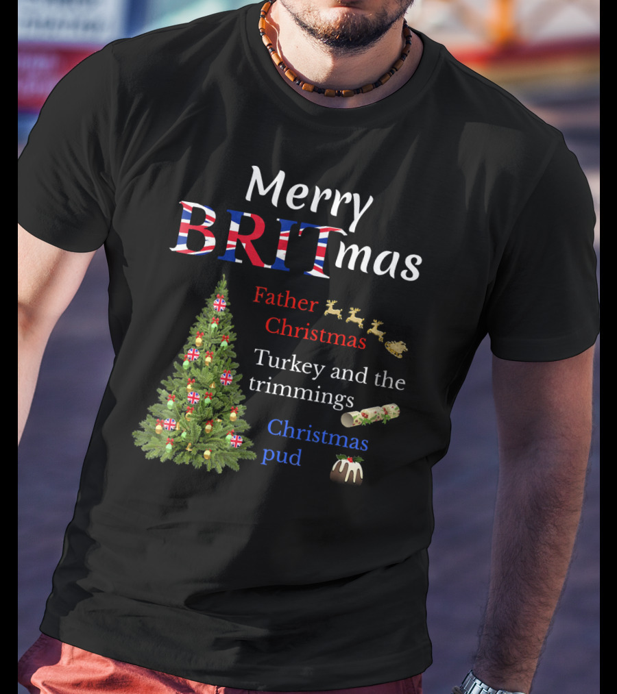 Merry Britmas Father Christmas Turkey And Trimmings Christmas Pud T-Shirt