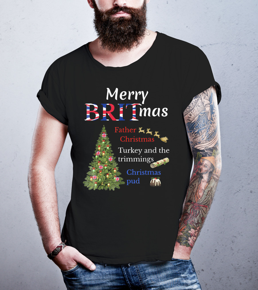 Merry Britmas Father Christmas Turkey And Trimmings Christmas Pud T-Shirt