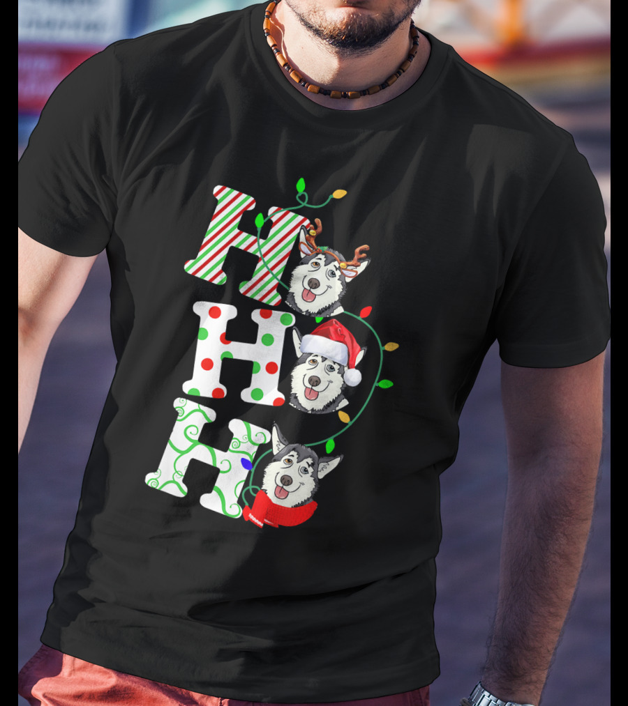 Ho Ho Ho Husky Santa Hat Reindeer Antlers Christmas Lights T-Shirt
