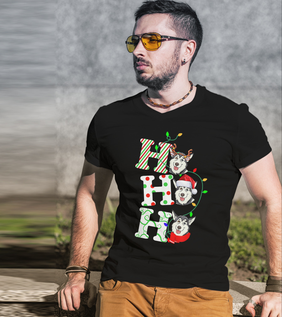 Ho Ho Ho Husky Santa Hat Reindeer Antlers Christmas Lights T-Shirt