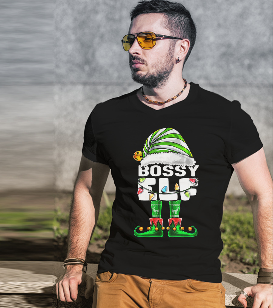 Bossy Elf Christmas Family Matching With Hat And Lights T-Shirt