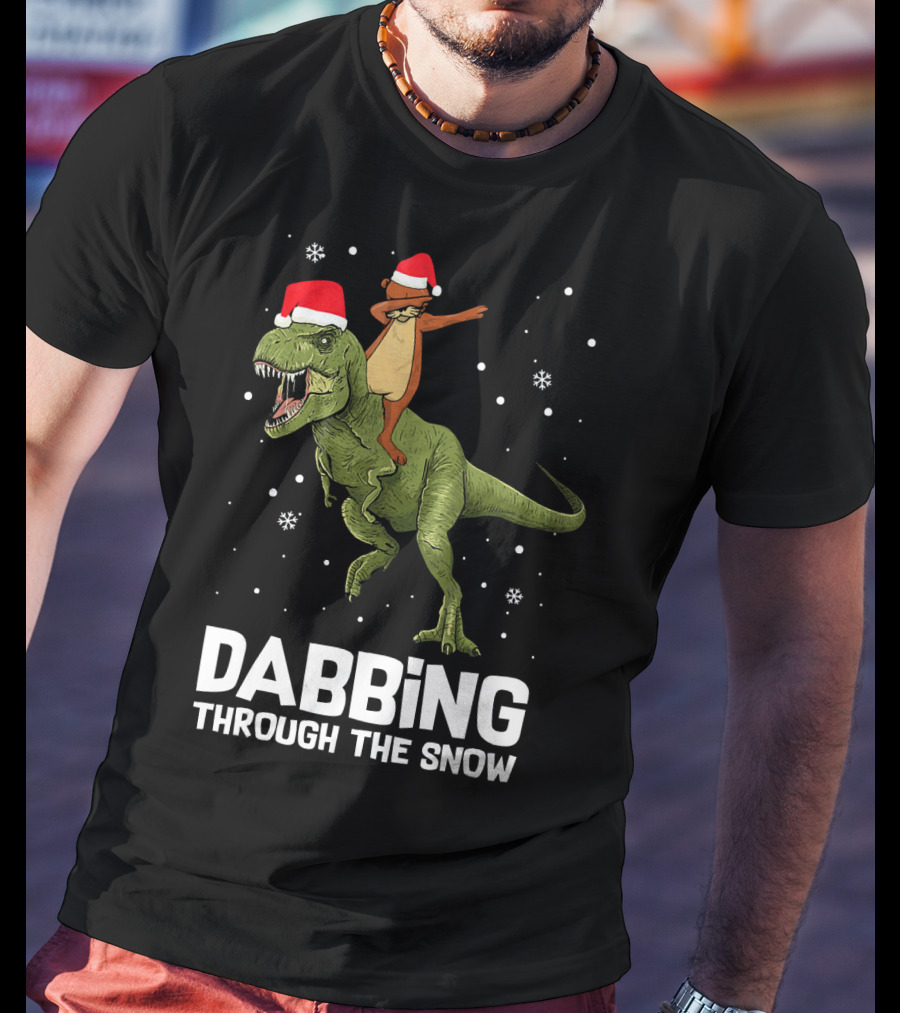 Dabbing Through The Snow Otter Rides Dinosaur Santa Hats T-Shirt