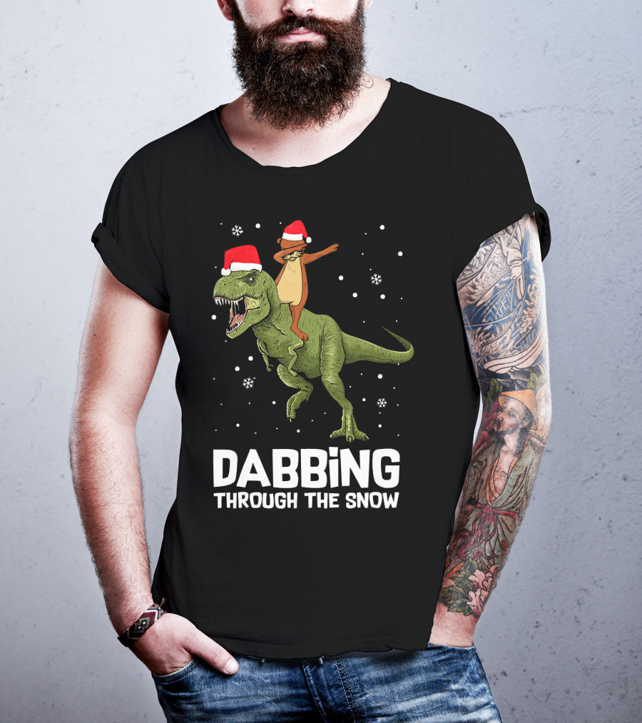 Dabbing Through The Snow Otter Rides Dinosaur Santa Hats T-Shirt