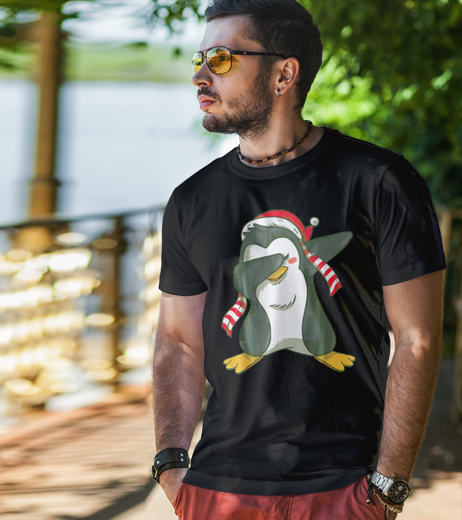 Dabbing Penguin In Santa Hat With Striped Scarf T-Shirt