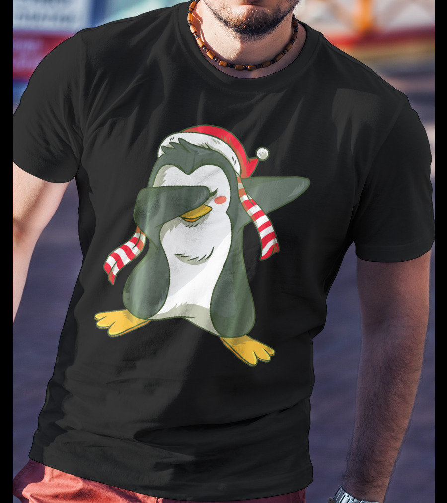 Dabbing Penguin In Santa Hat With Striped Scarf T-Shirt