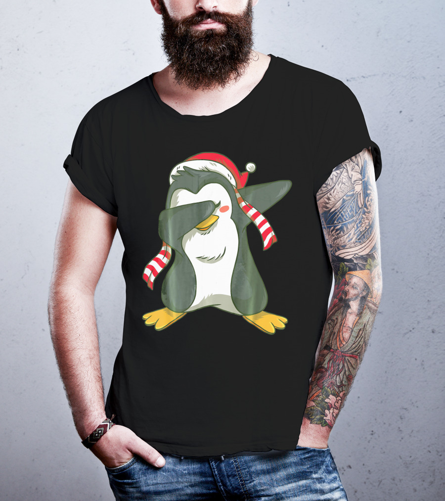 Dabbing Penguin In Santa Hat With Striped Scarf T-Shirt
