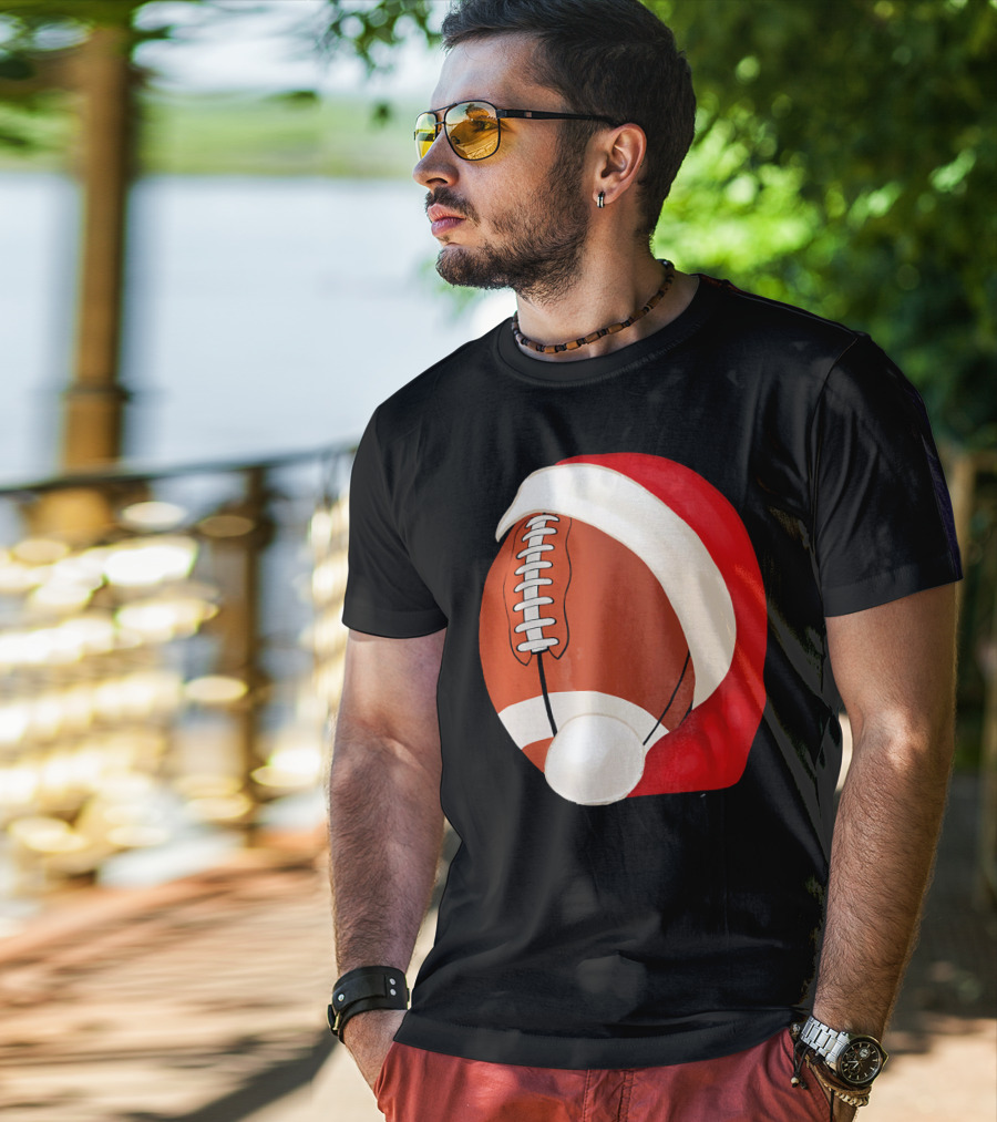 American Football Santa Hat Christmas T-Shirt