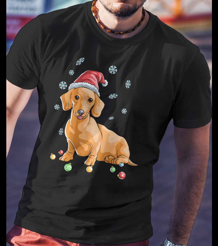 Wiener Dog Dachshund Puppy Santa Hat Snowflakes Holiday T-Shirt