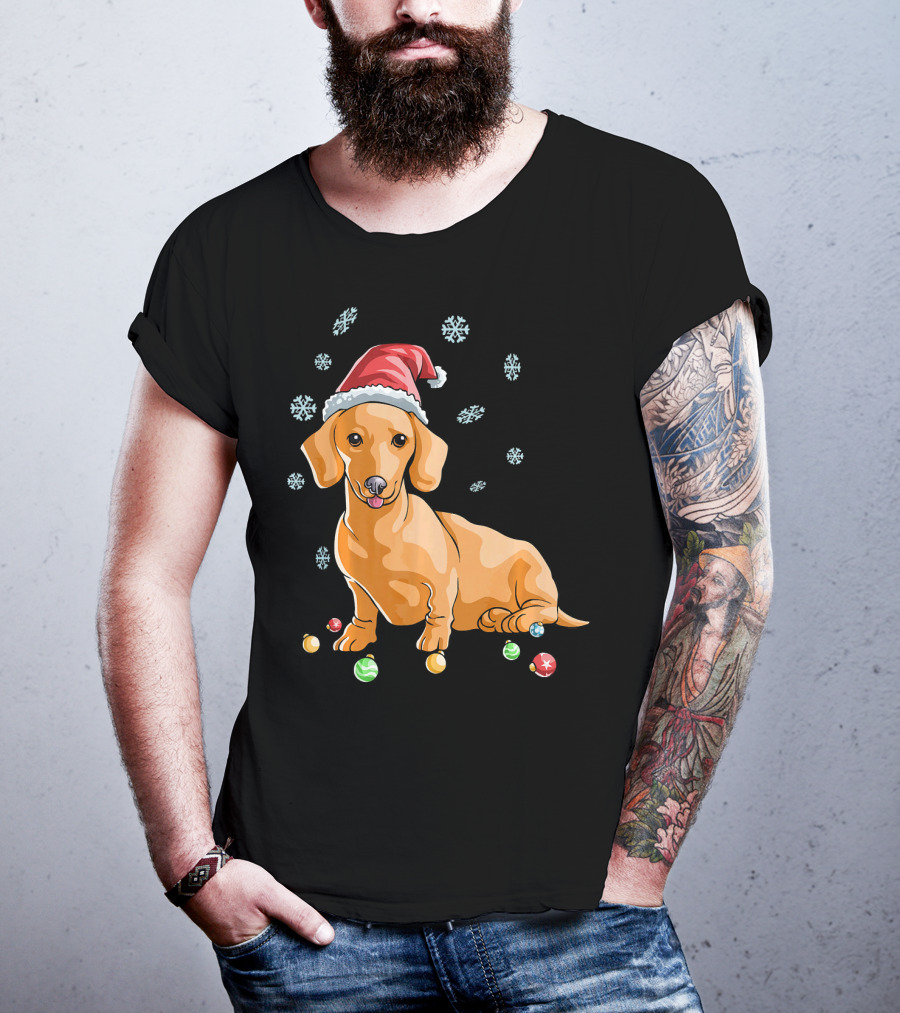Wiener Dog Dachshund Puppy Santa Hat Snowflakes Holiday T-Shirt