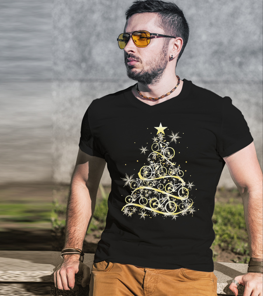 Bicycle Tree Christmas Biker Bike Festive Holiday Star T-Shirt