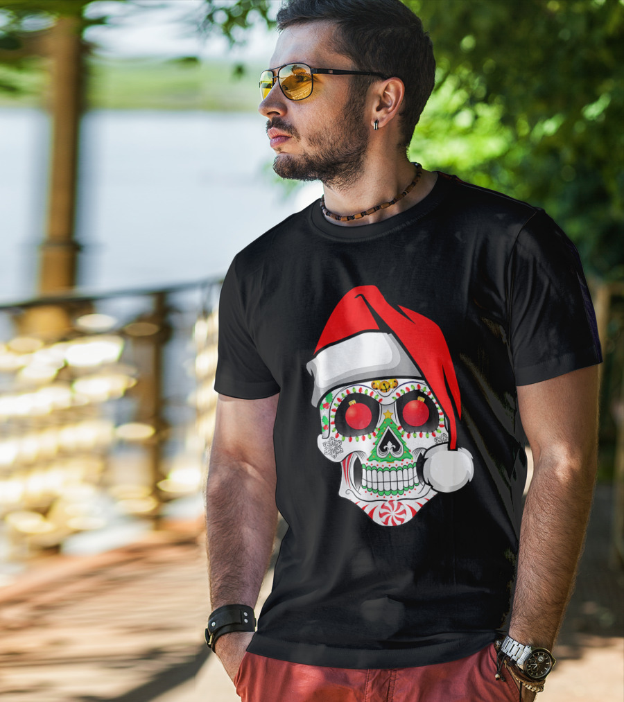 Jingle Jangle Christmas Sugar Skull Santa Hat Peppermint T-Shirt