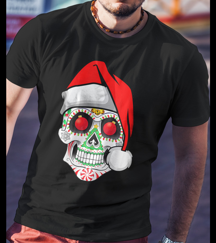 Jingle Jangle Christmas Sugar Skull Santa Hat Peppermint T-Shirt