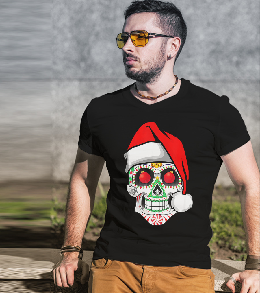 Jingle Jangle Christmas Sugar Skull Santa Hat Peppermint T-Shirt