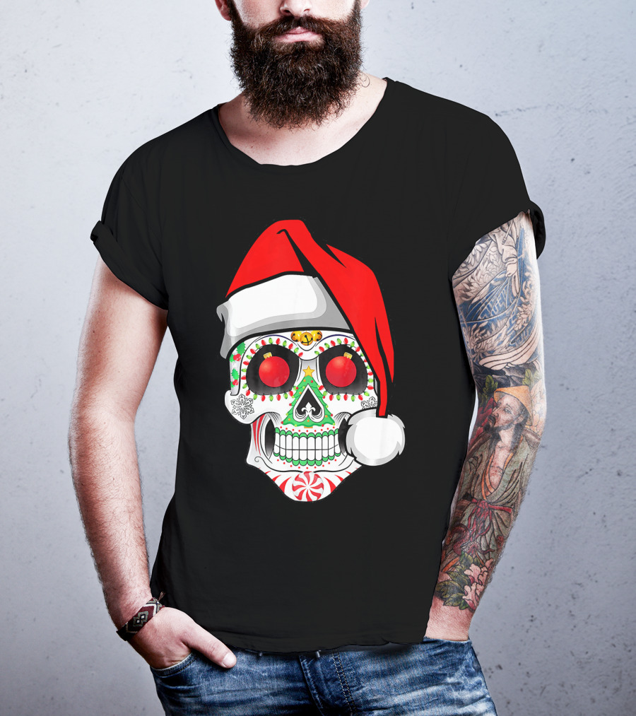 Jingle Jangle Christmas Sugar Skull Santa Hat Peppermint T-Shirt