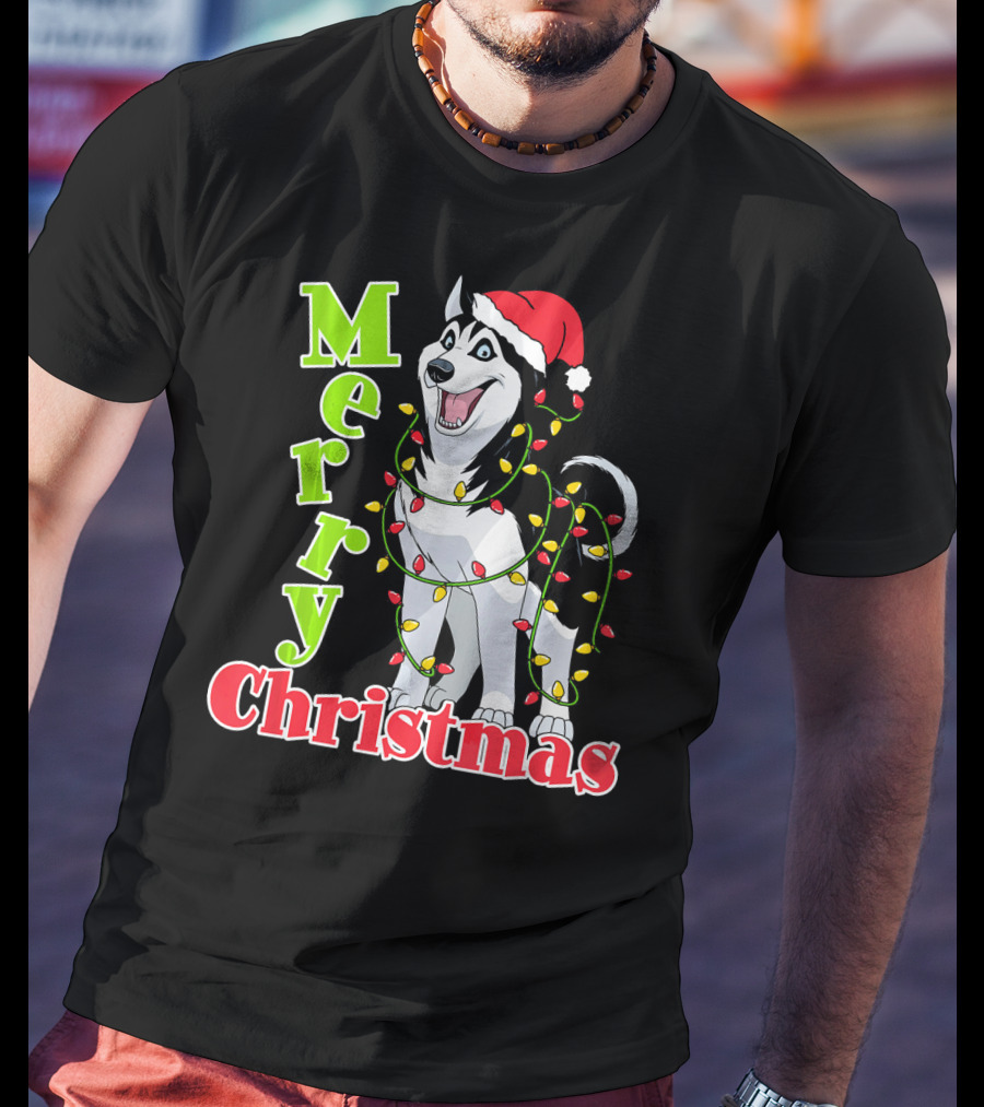 Merry Christmas Husky Festive Lights Holiday Santa Hat T-Shirt