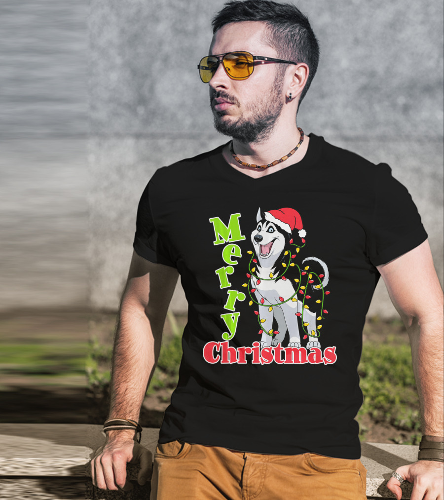Merry Christmas Husky Festive Lights Holiday Santa Hat T-Shirt