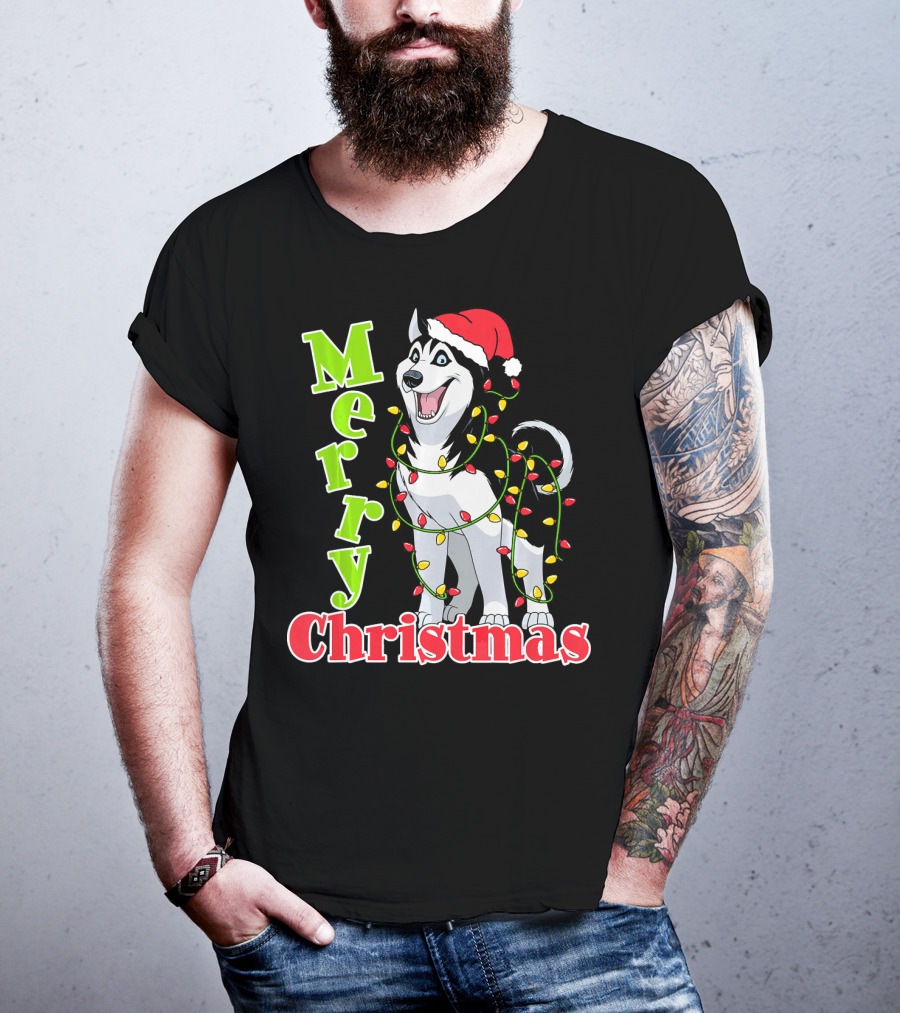 Merry Christmas Husky Festive Lights Holiday Santa Hat T-Shirt