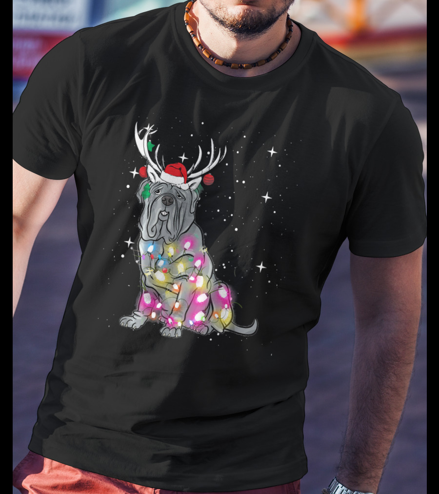 Neapolitan Mastiff With Christmas Lights And Santa Hat In Snowy Night T-Shirt