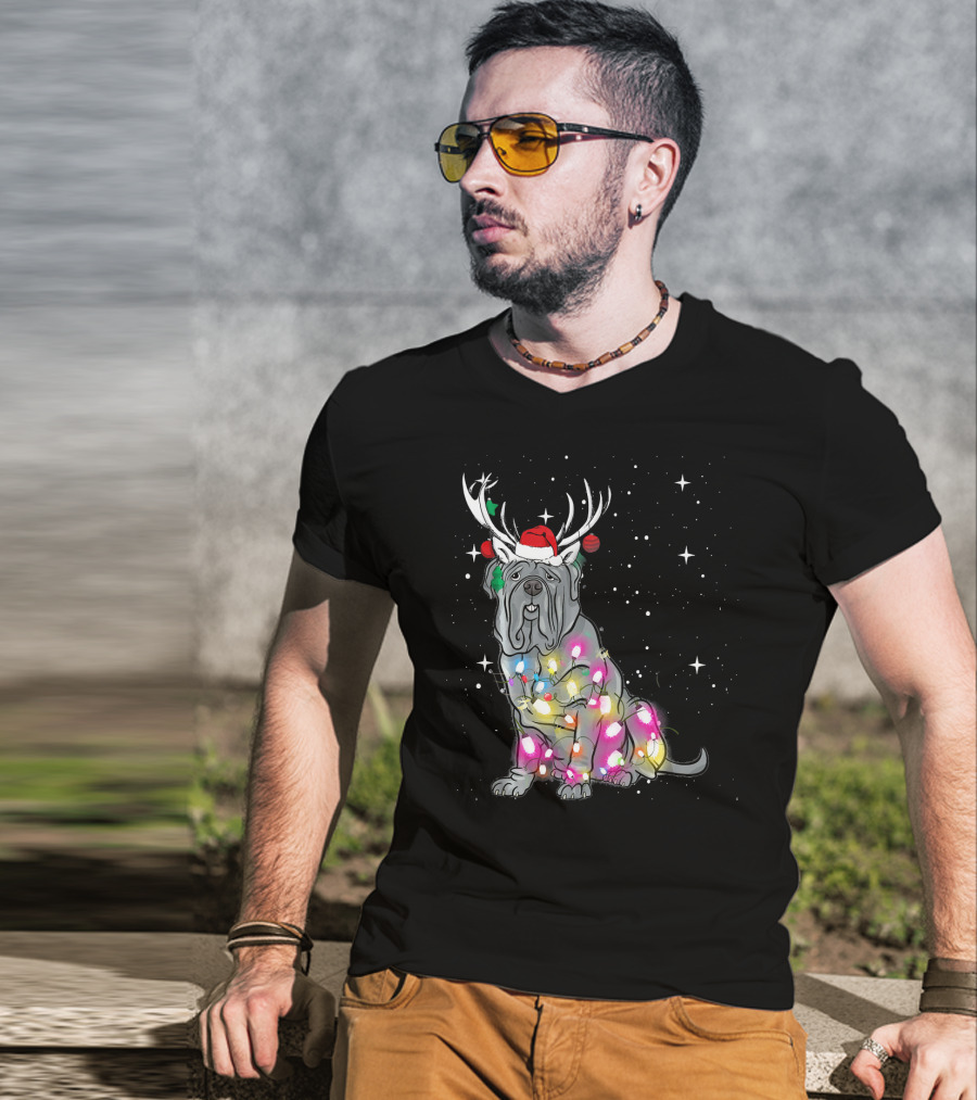 Neapolitan Mastiff With Christmas Lights And Santa Hat In Snowy Night T-Shirt