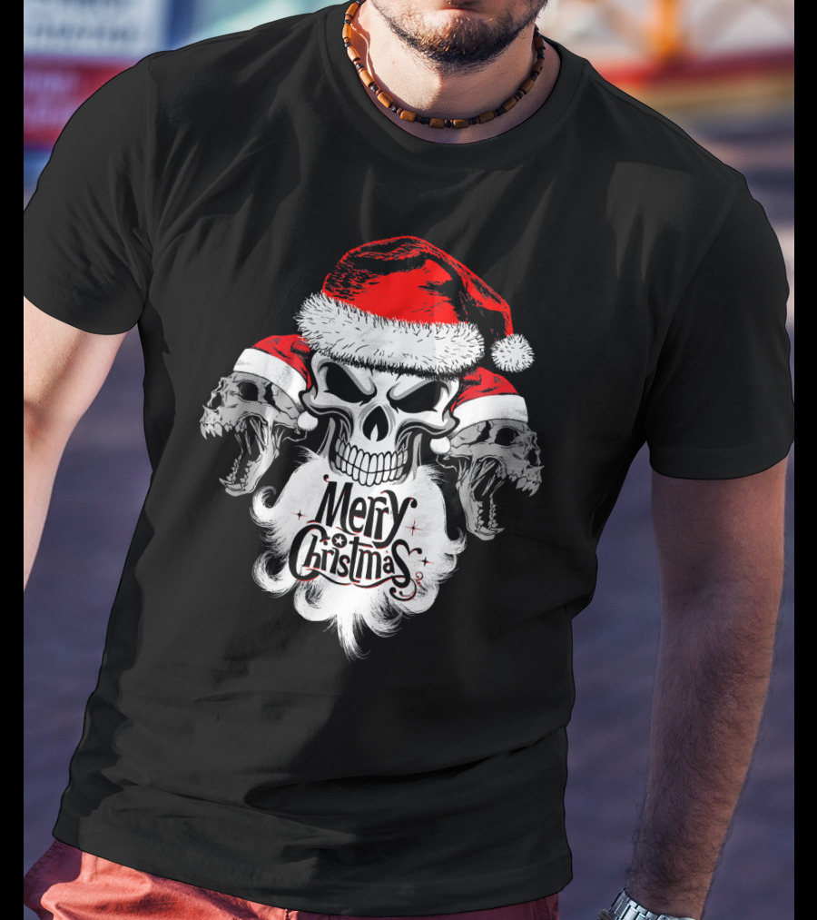 Merry Christmas Funny Skull Santa With Santa Hat And Beards T-Shirt