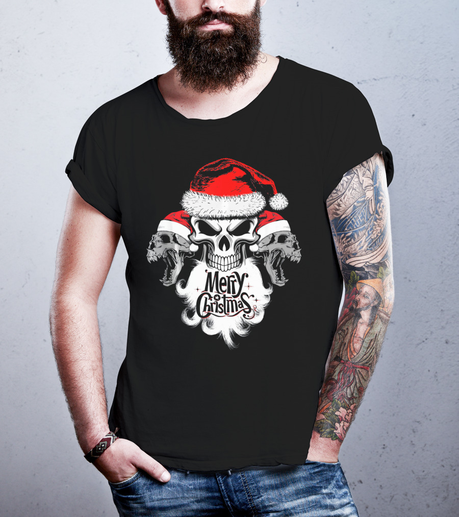 Merry Christmas Funny Skull Santa With Santa Hat And Beards T-Shirt