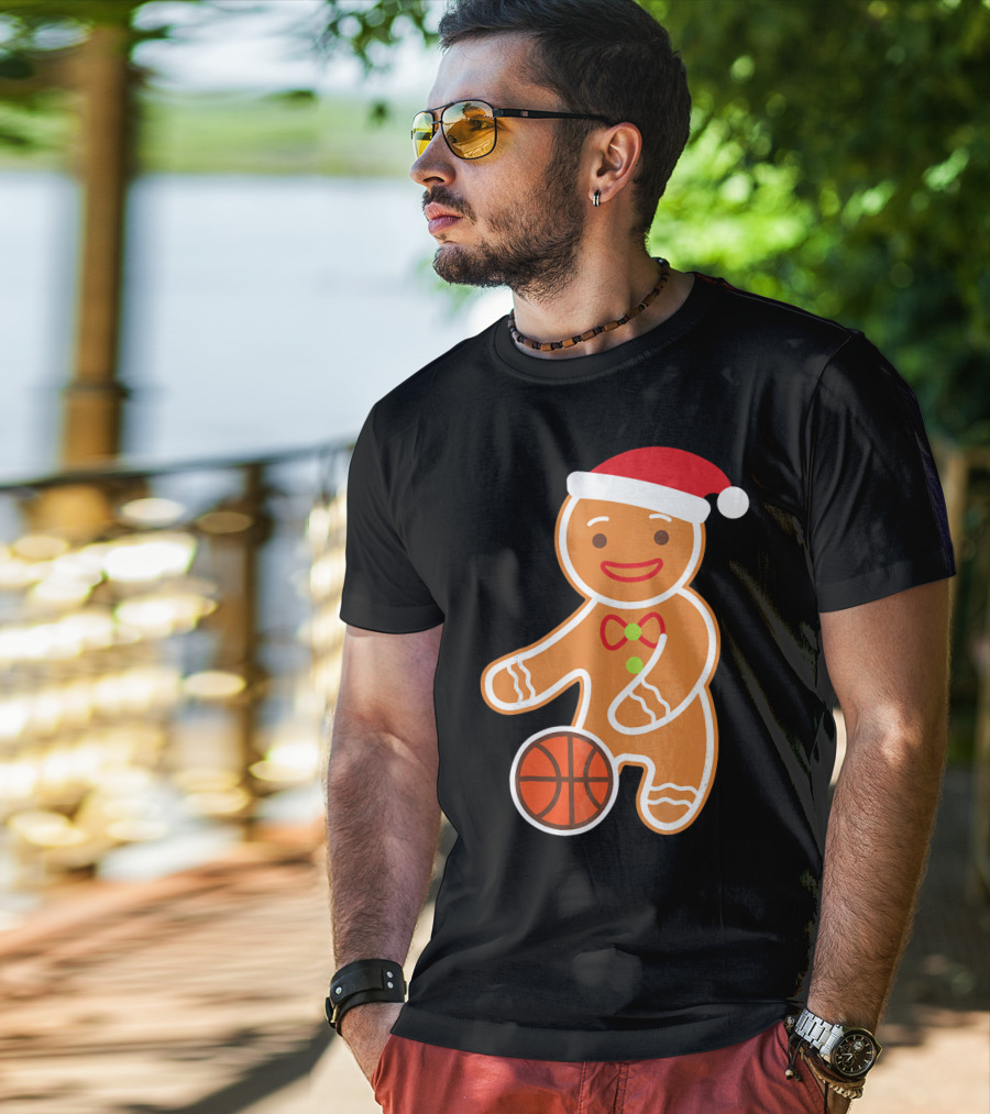 Basketball Gingerbread Player Santa Hat Gingerbread Man T-Shirt