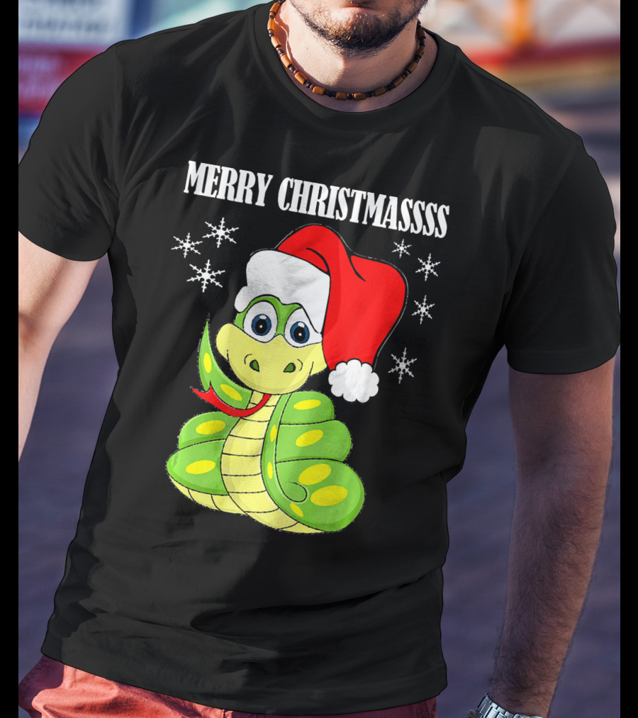 Merry Christmassss Snake Cute Snak Santa Hat Snowflakes T-Shirt