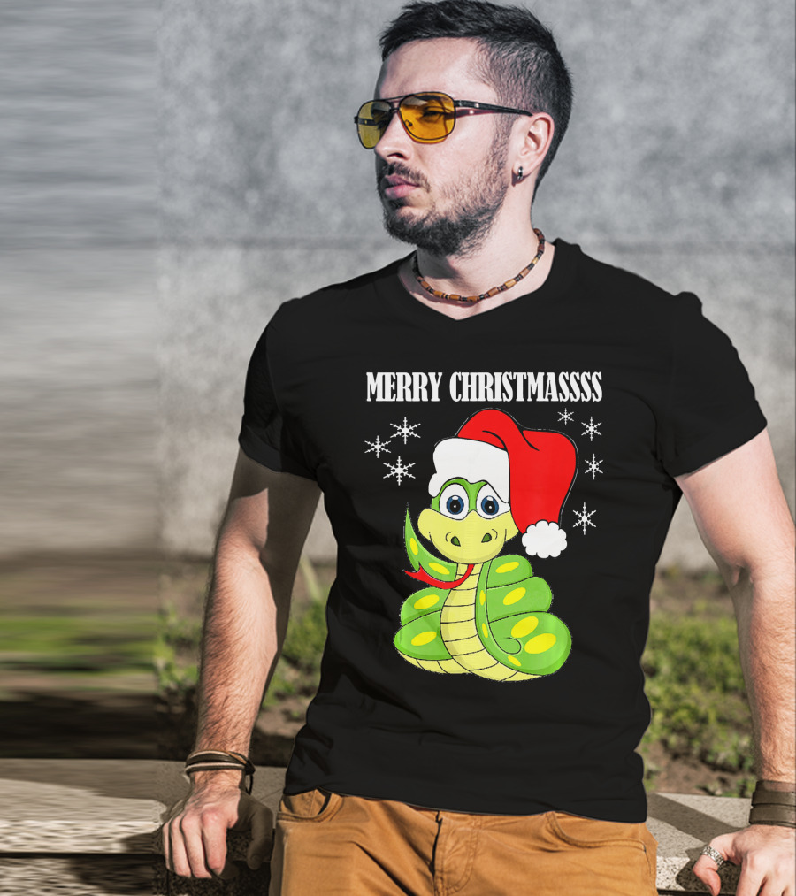 Merry Christmassss Snake Cute Snak Santa Hat Snowflakes T-Shirt