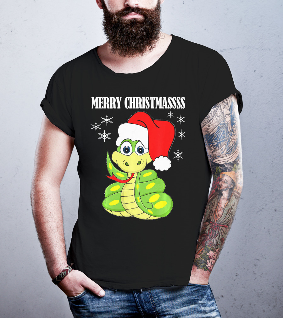 Merry Christmassss Snake Cute Snak Santa Hat Snowflakes T-Shirt