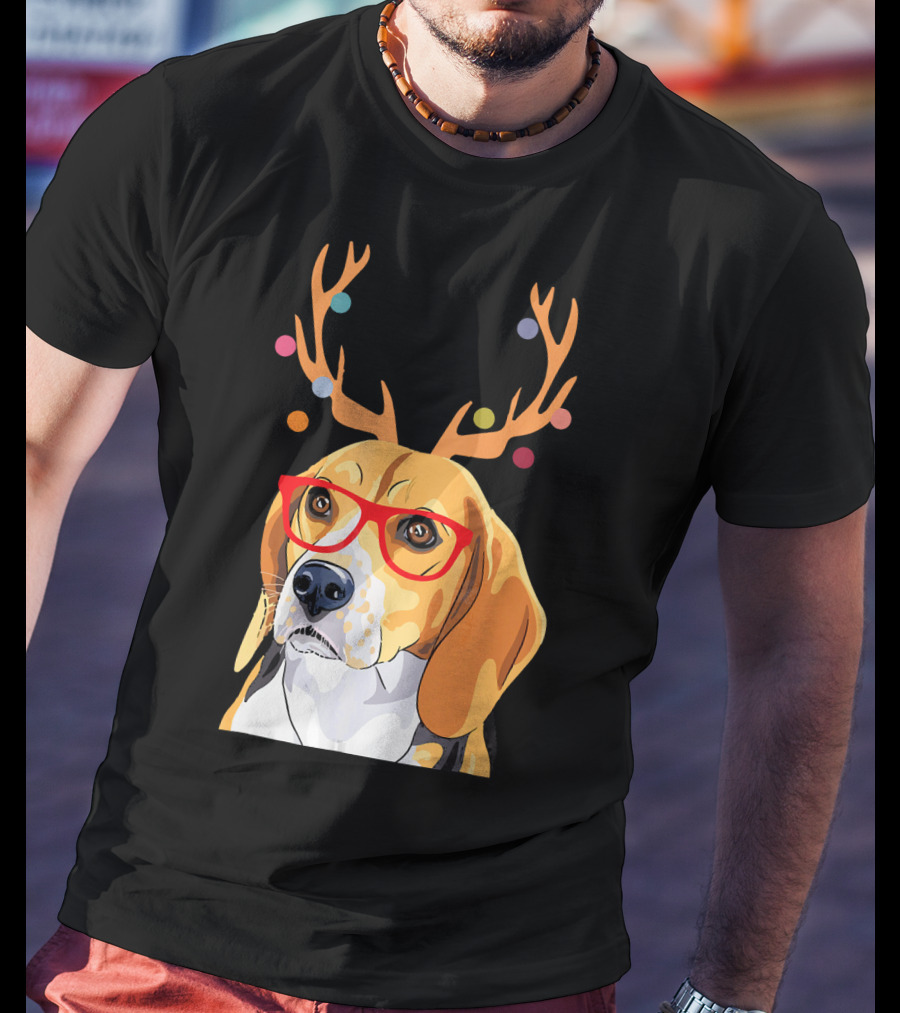 Beagle With Christmas Antlers And Red Glasses T-Shirt