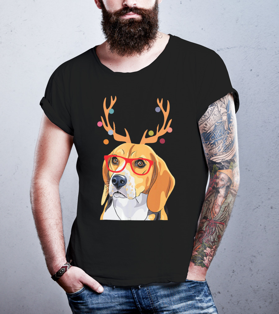 Beagle With Christmas Antlers And Red Glasses T-Shirt