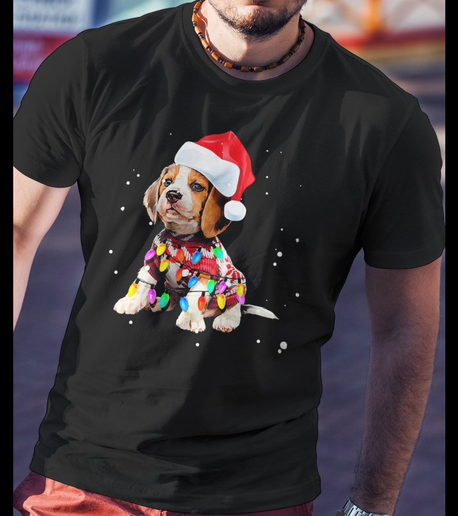 Santa Hat Beagle Wrapped In Christmas Lights T-Shirt