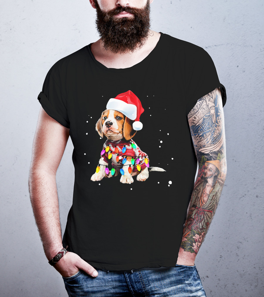 Santa Hat Beagle Wrapped In Christmas Lights T-Shirt