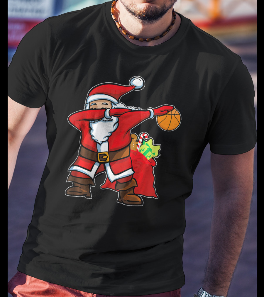 Christmas Dabbing Santa Holding Basketball With Gifts T-Shirt