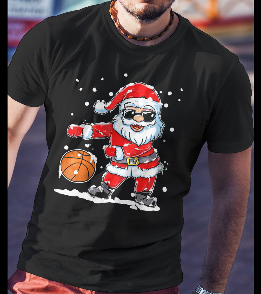 Santa Flossing With Basketball In Snowy Christmas Scene T-Shirt