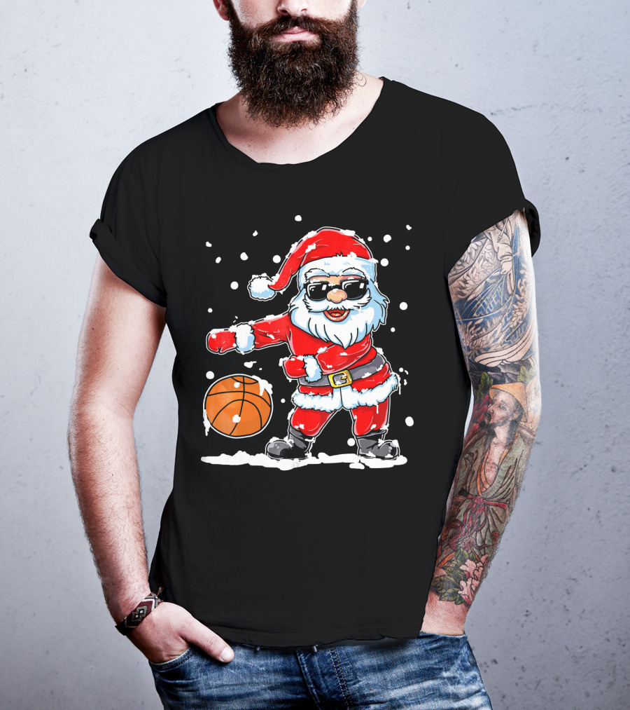 Santa Flossing With Basketball In Snowy Christmas Scene T-Shirt